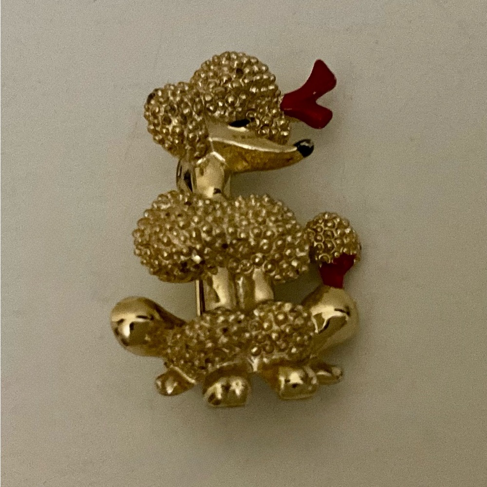 Poodle Brooch Gold Toned Metal with Red and Black Accents Unsigned Costume Pin